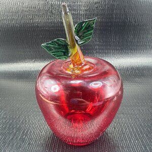 Hand Blown Large Red Apple Fruit With Leafs Hand Made Art Glass Figurine Decor